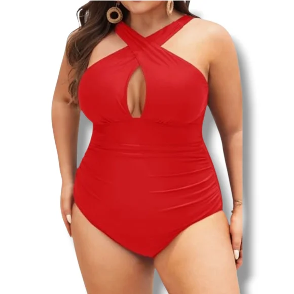 DACI - XL Raging Red Keyhole Criss Cross Halter Swimsuit - Picture 1 of 8
